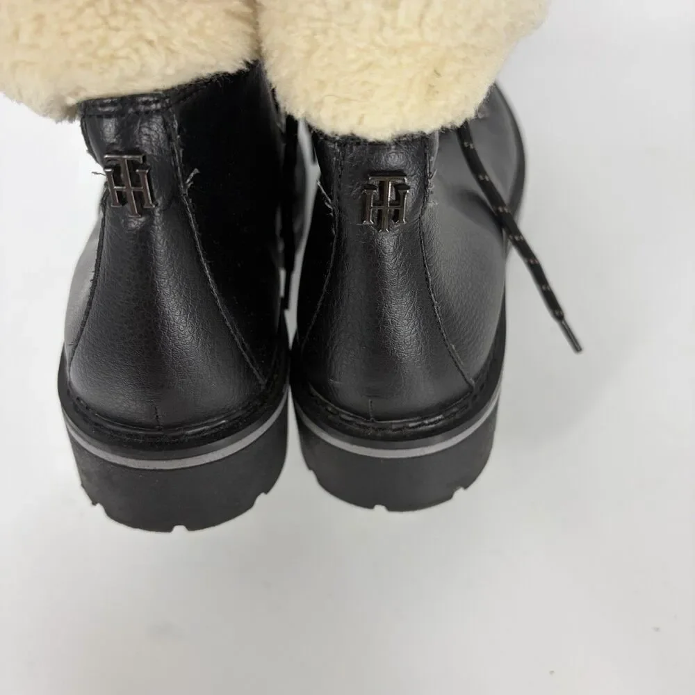 Tommy Hilfiger Boots Size 8 Womens Black Faux Leather Sherpa Lined Lace Up Ron